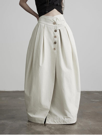 INDULGE Ecru Asymmetric Pleated Button Front A Line Women&