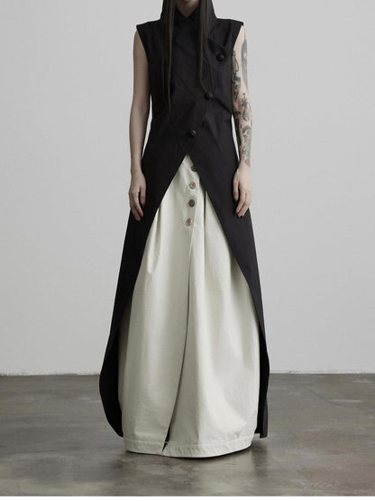 INDULGE Ecru Asymmetric Pleated Button Front A Line Women&