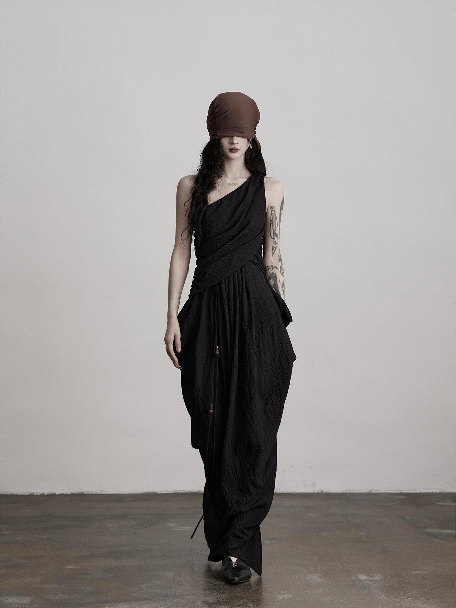 INDULGE Elegant Asymmetrical Fairy Silhouette Natural Waist Black Casual Maxi Dresses