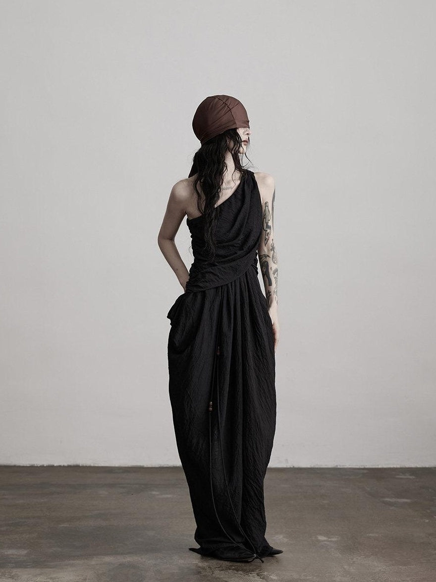 INDULGE Elegant Asymmetrical Fairy Silhouette Natural Waist Black Casual Maxi Dresses