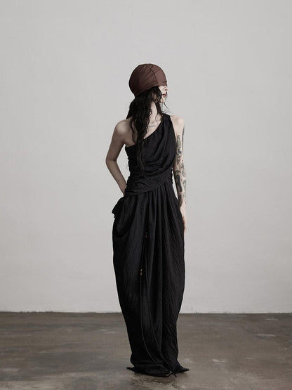 INDULGE Elegant Asymmetrical Fairy Silhouette Natural Waist Black Casual Maxi Dresses