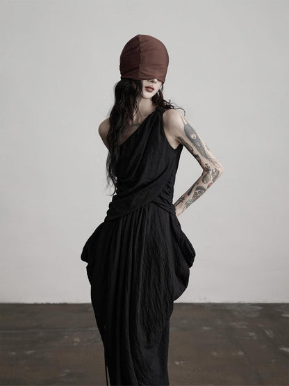 INDULGE Elegant Asymmetrical Fairy Silhouette Natural Waist Black Casual Maxi Dresses
