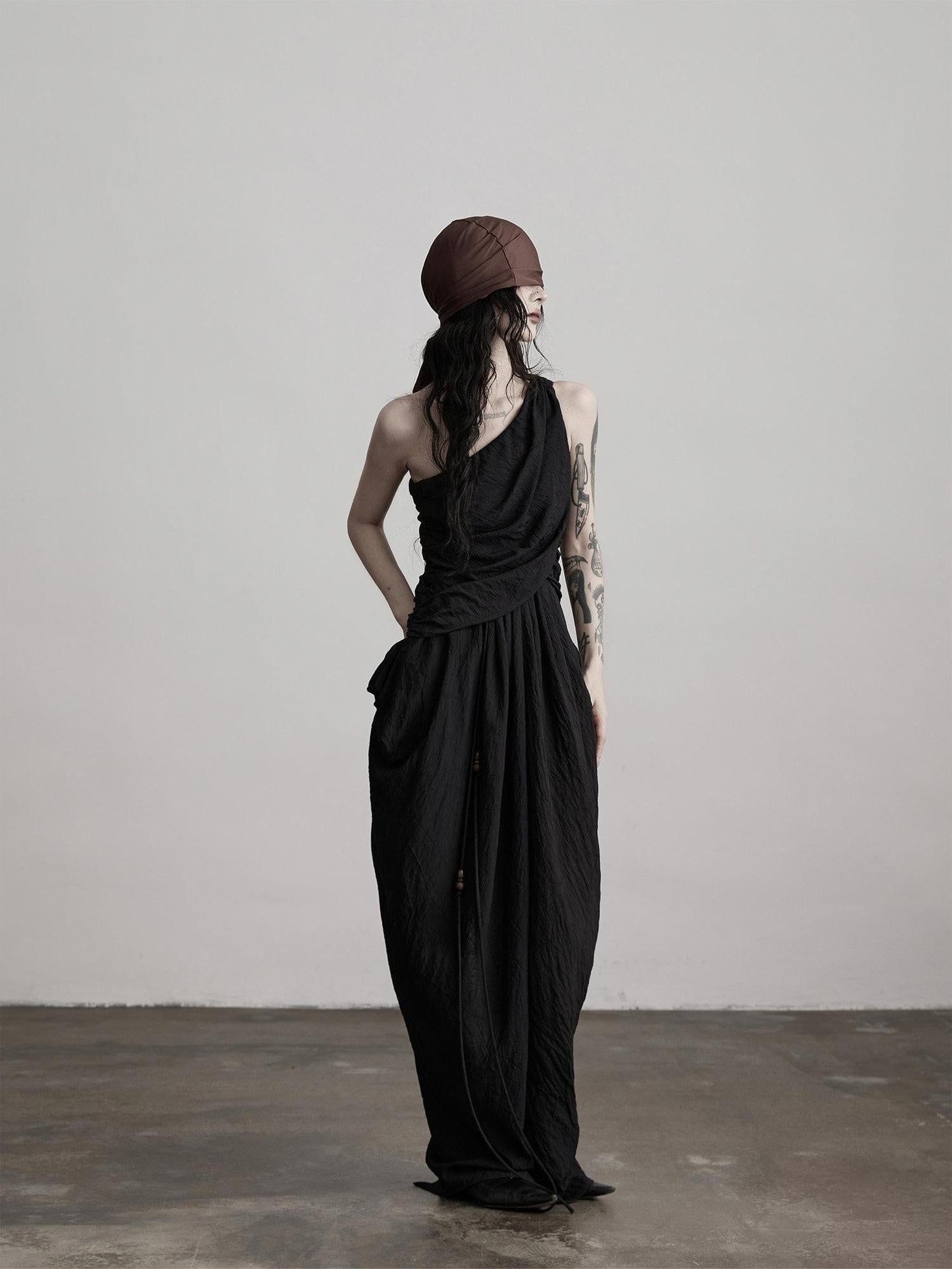 INDULGE Elegant Asymmetrical Fairy Silhouette Natural Waist Black Casual Maxi Dresses