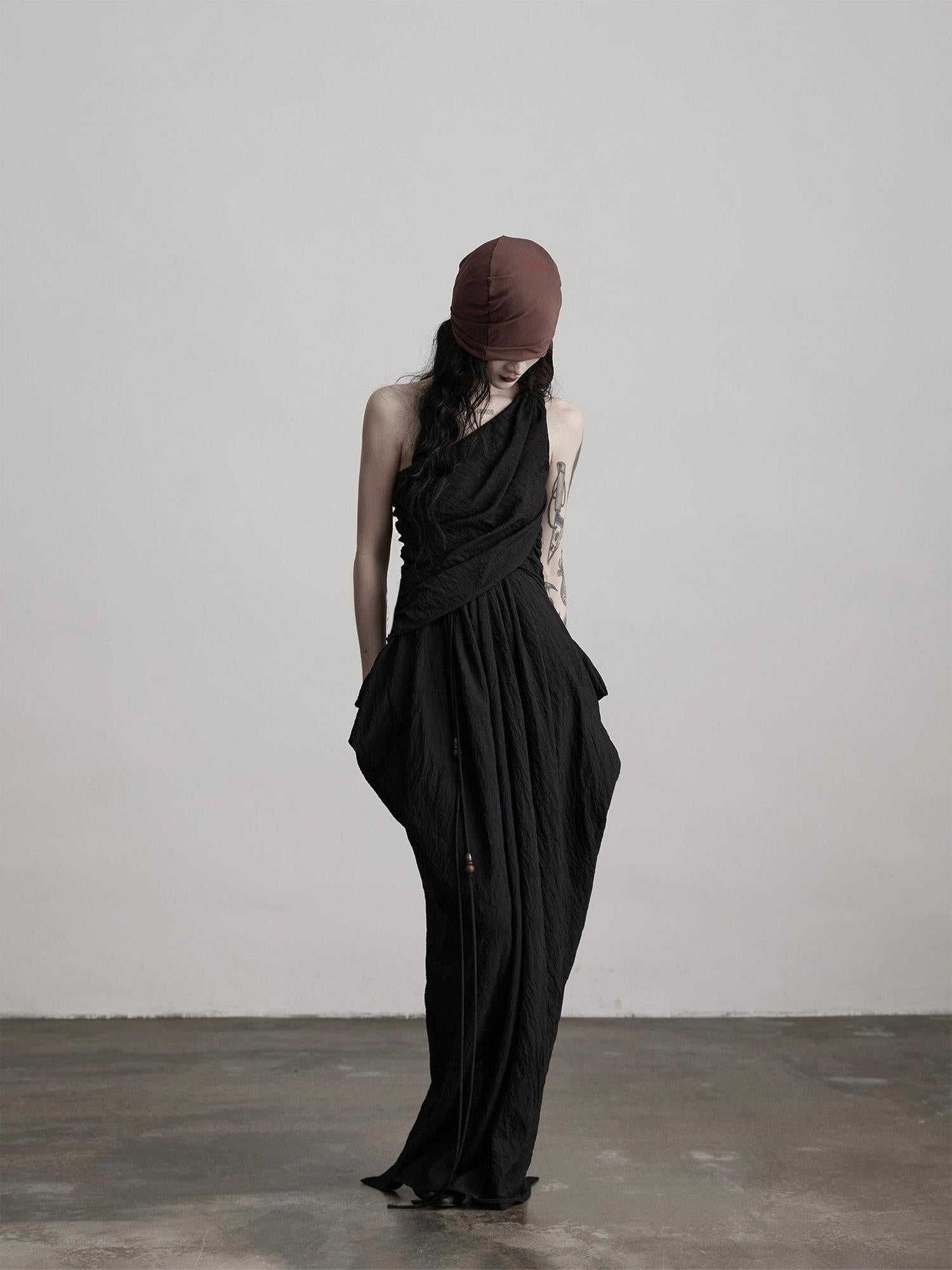 INDULGE Elegant Asymmetrical Fairy Silhouette Natural Waist Black Casual Maxi Dresses