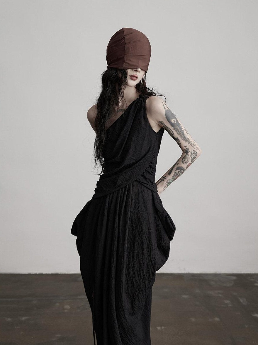 INDULGE Elegant Asymmetrical Fairy Silhouette Natural Waist Black Casual Maxi Dresses