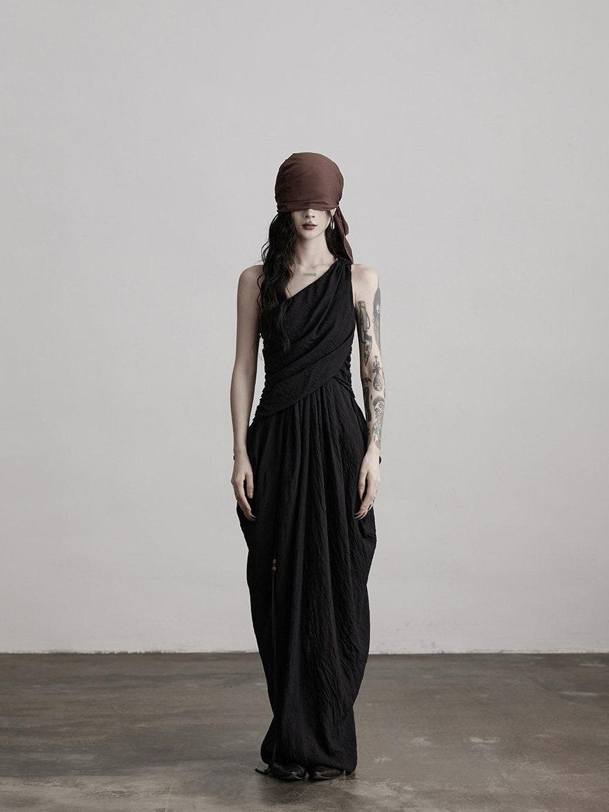 INDULGE Elegant Asymmetrical Fairy Silhouette Natural Waist Black Casual Maxi Dresses