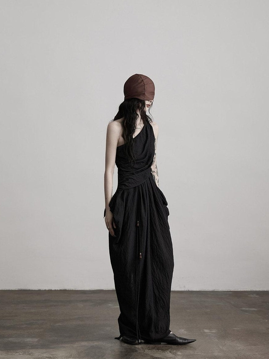 INDULGE Elegant Asymmetrical Fairy Silhouette Natural Waist Black Casual Maxi Dresses