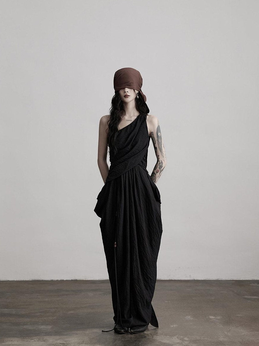 INDULGE Elegant Asymmetrical Fairy Silhouette Natural Waist Black Casual Maxi Dresses