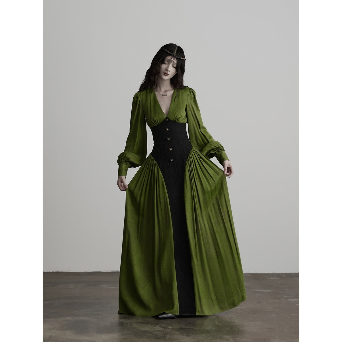 INDULGE_Elegant_Deep_V-neck_Cinched_Waist_A_Line_Women&