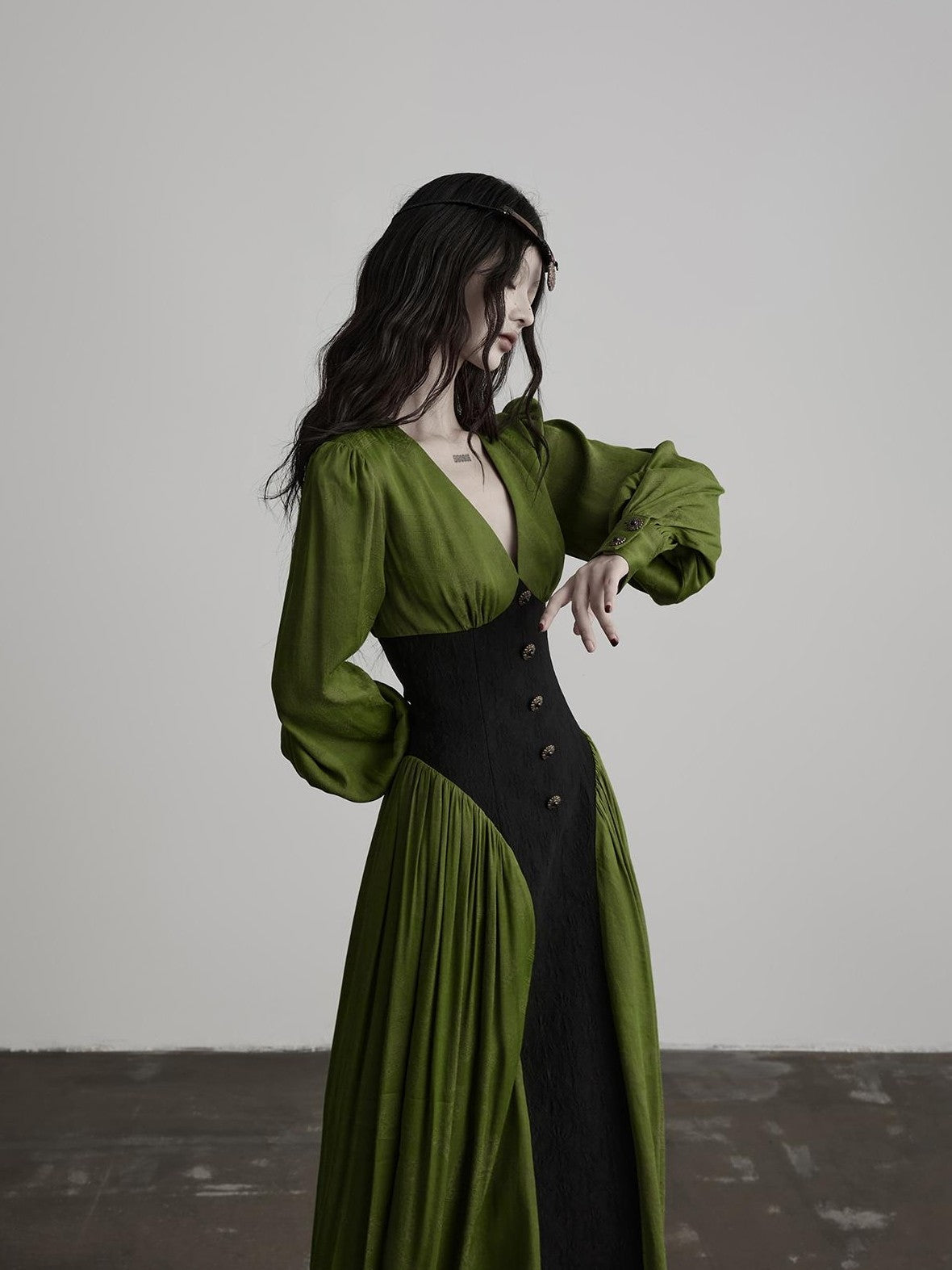 INDULGE Elegant Deep V-neck Cinched Waist A Line Women&
