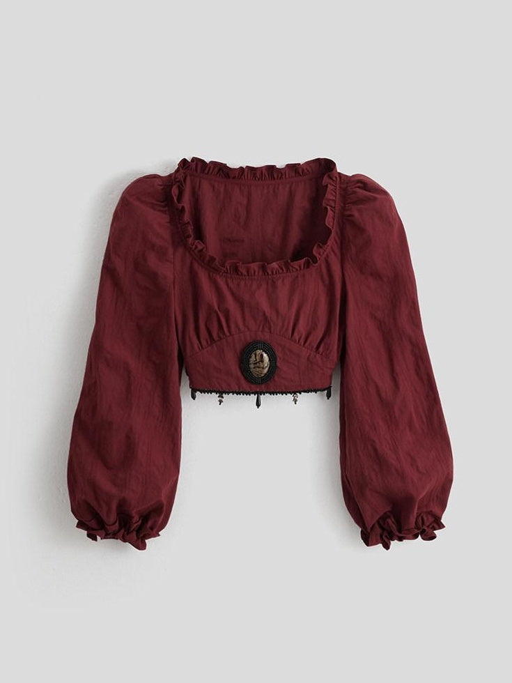 INDULGE Elegant High Waist Cropped Square Neck 3D Detail Women Long Sleeve T-Shirts