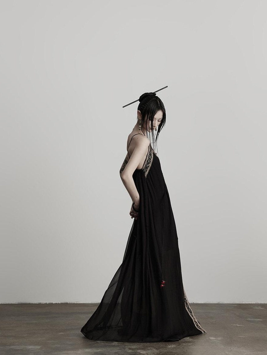 INDULGE Elegant Lace Viscose H Line Short Sleeve Casual Women Black Slip Maxi Dresses