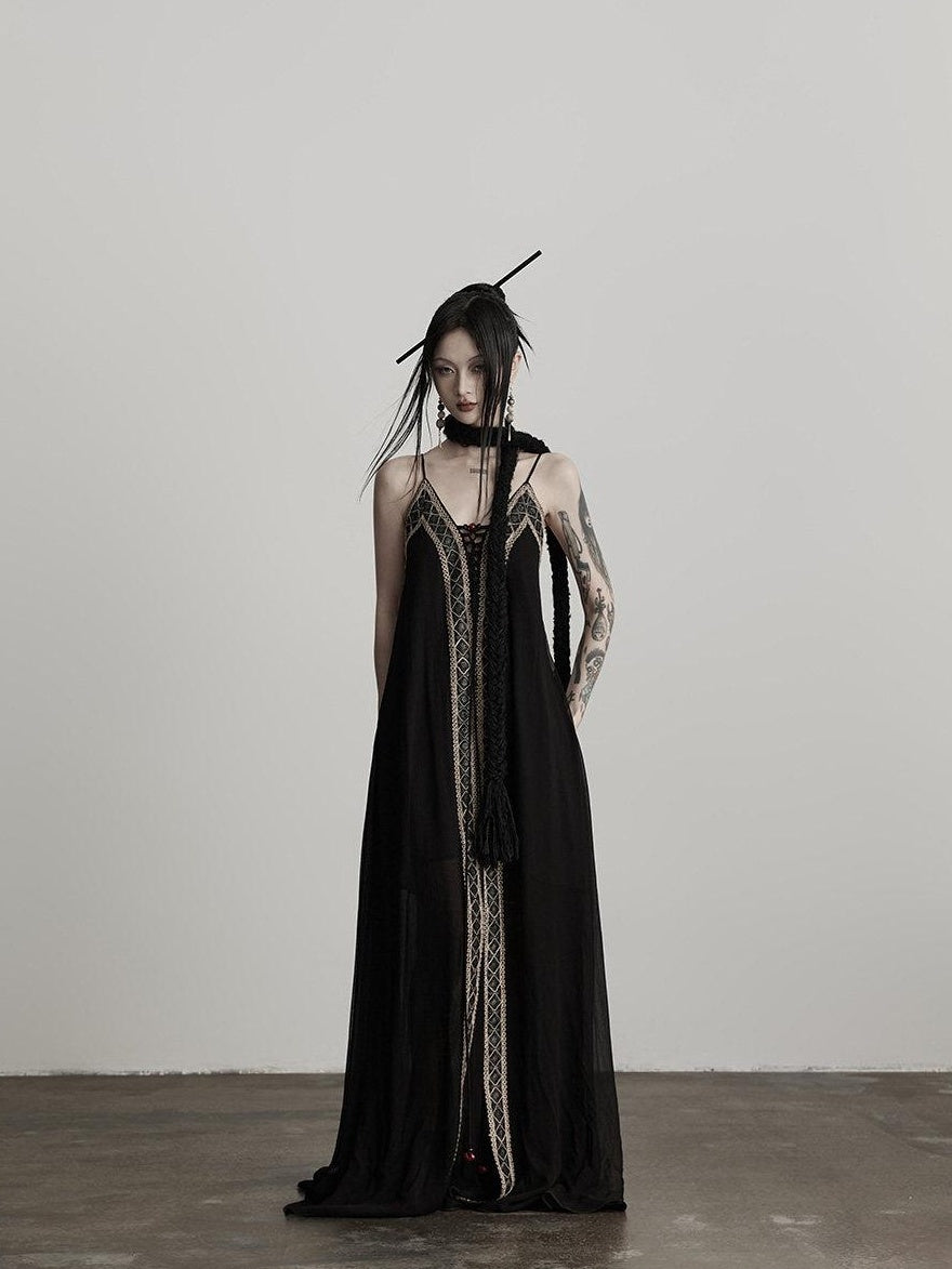 INDULGE Elegant Lace Viscose H Line Short Sleeve Casual Women Black Slip Maxi Dresses