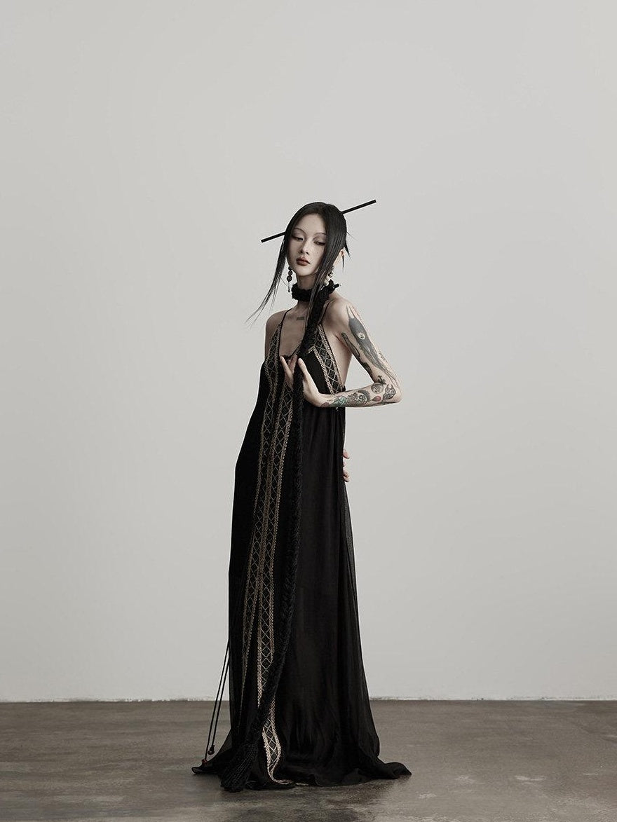 INDULGE Elegant Lace Viscose H Line Short Sleeve Casual Women Black Slip Maxi Dresses