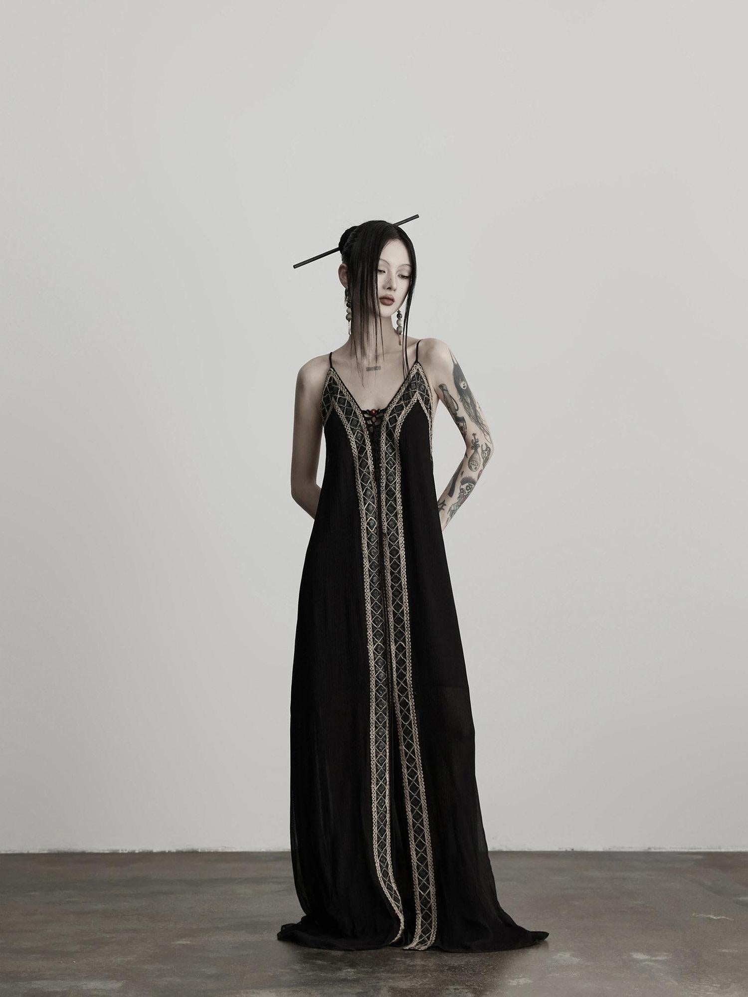 INDULGE Elegant Lace Viscose H Line Short Sleeve Casual Women Black Slip Maxi Dresses