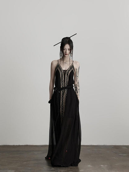 INDULGE Elegant Lace Viscose H Line Short Sleeve Casual Women Black Slip Maxi Dresses