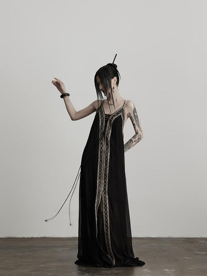 INDULGE Elegant Lace Viscose H Line Short Sleeve Casual Women Black Slip Maxi Dresses
