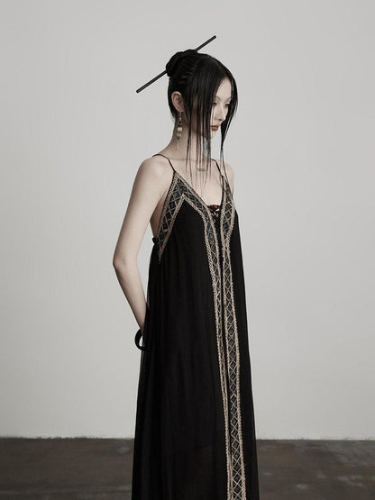 INDULGE Elegant Lace Viscose H Line Short Sleeve Casual Women Black Slip Maxi Dresses