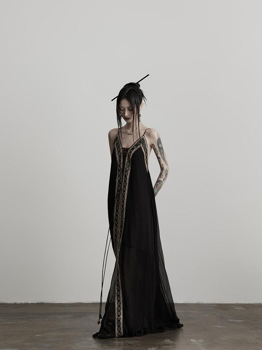 INDULGE Elegant Lace Viscose H Line Short Sleeve Casual Women Black Slip Maxi Dresses