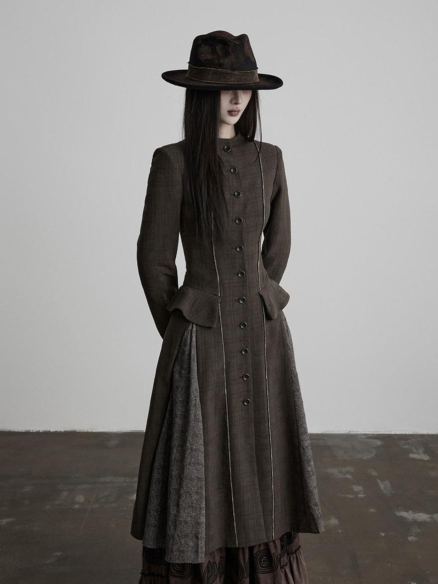 INDULGE Elegant Patchwork Midlength Roundneck Women Moss Green Trench Coats