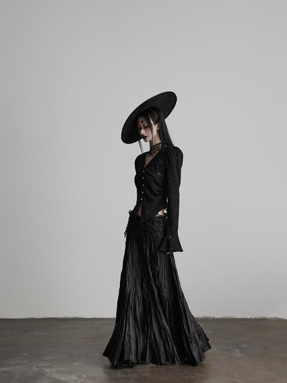 INDULGE Elegant Pleated A Line Mid Waist Polyester Commuter Black Maxi Skirts