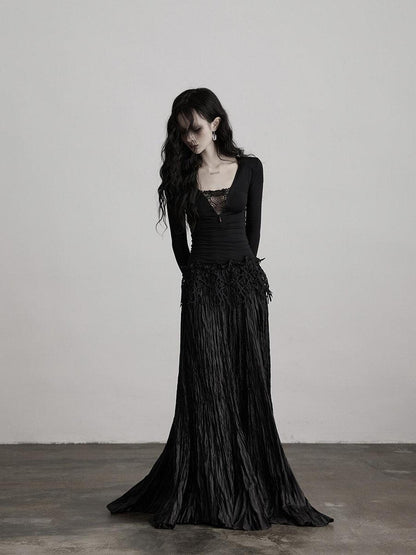 INDULGE Elegant Pleated A Line Mid Waist Polyester Commuter Black Maxi Skirts