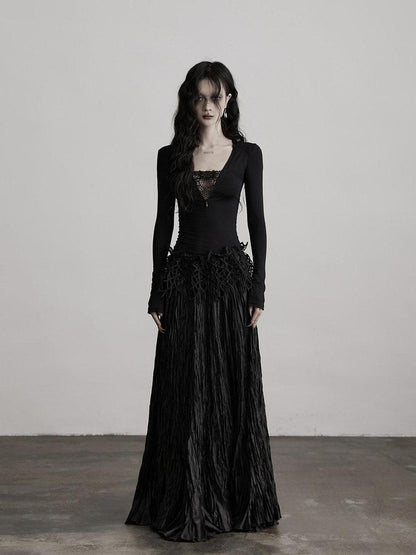 INDULGE Elegant Pleated A Line Mid Waist Polyester Commuter Black Maxi Skirts