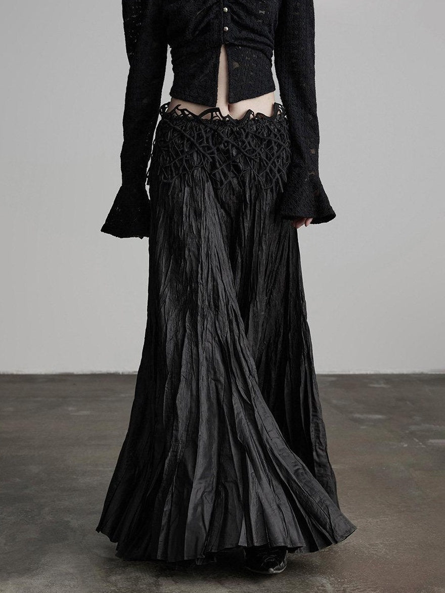 INDULGE Elegant Pleated A Line Mid Waist Polyester Commuter Black Maxi Skirts