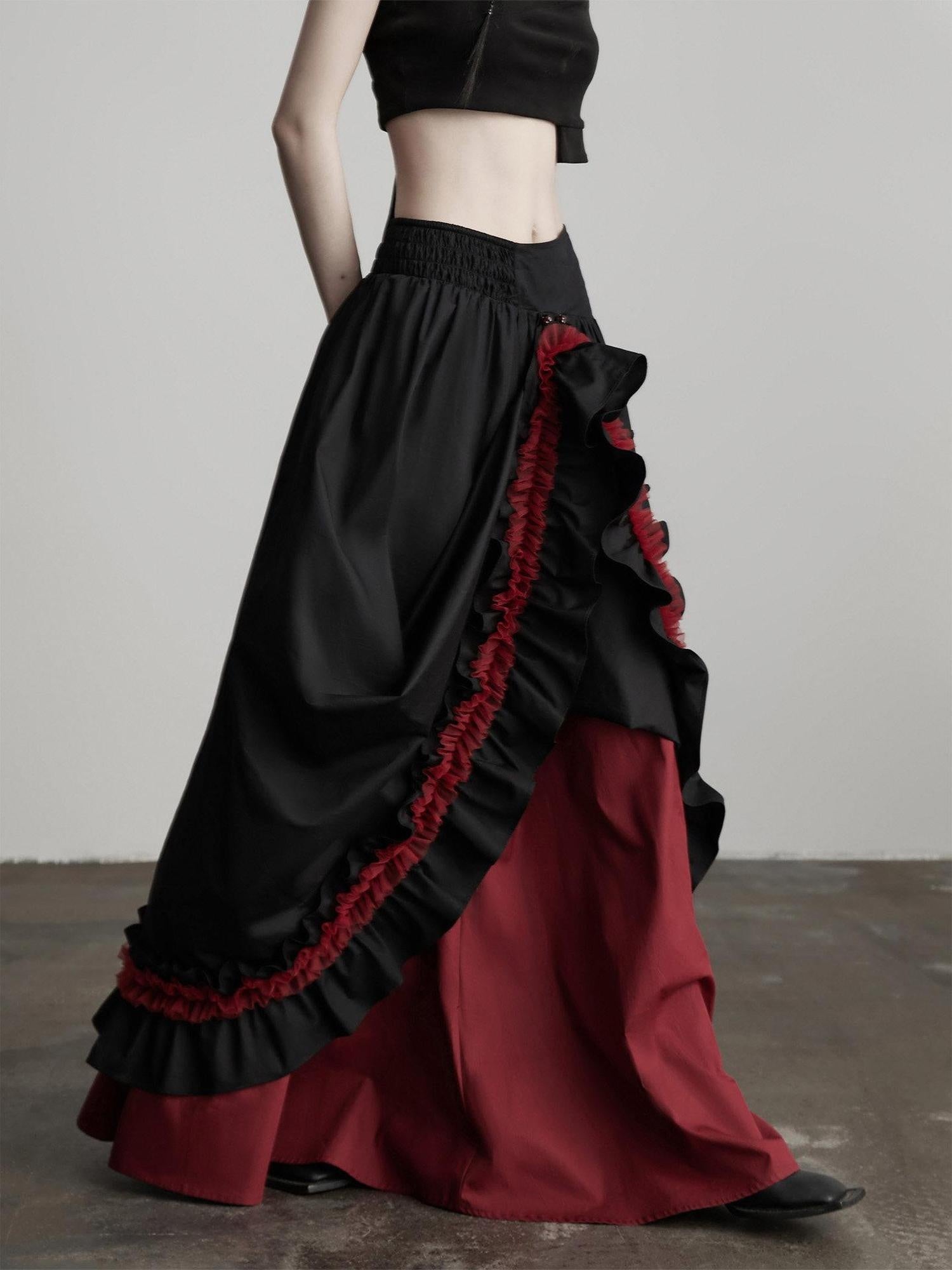 INDULGE Elegant Ruffle A Line Mid Rise Cotton Loose Casual Women Maxi Skirts