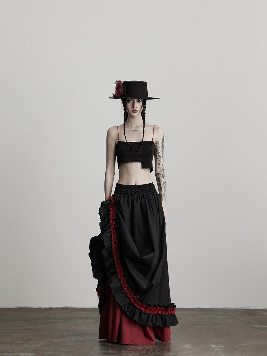 INDULGE Elegant Ruffle A Line Mid Rise Cotton Loose Casual Women Maxi Skirts