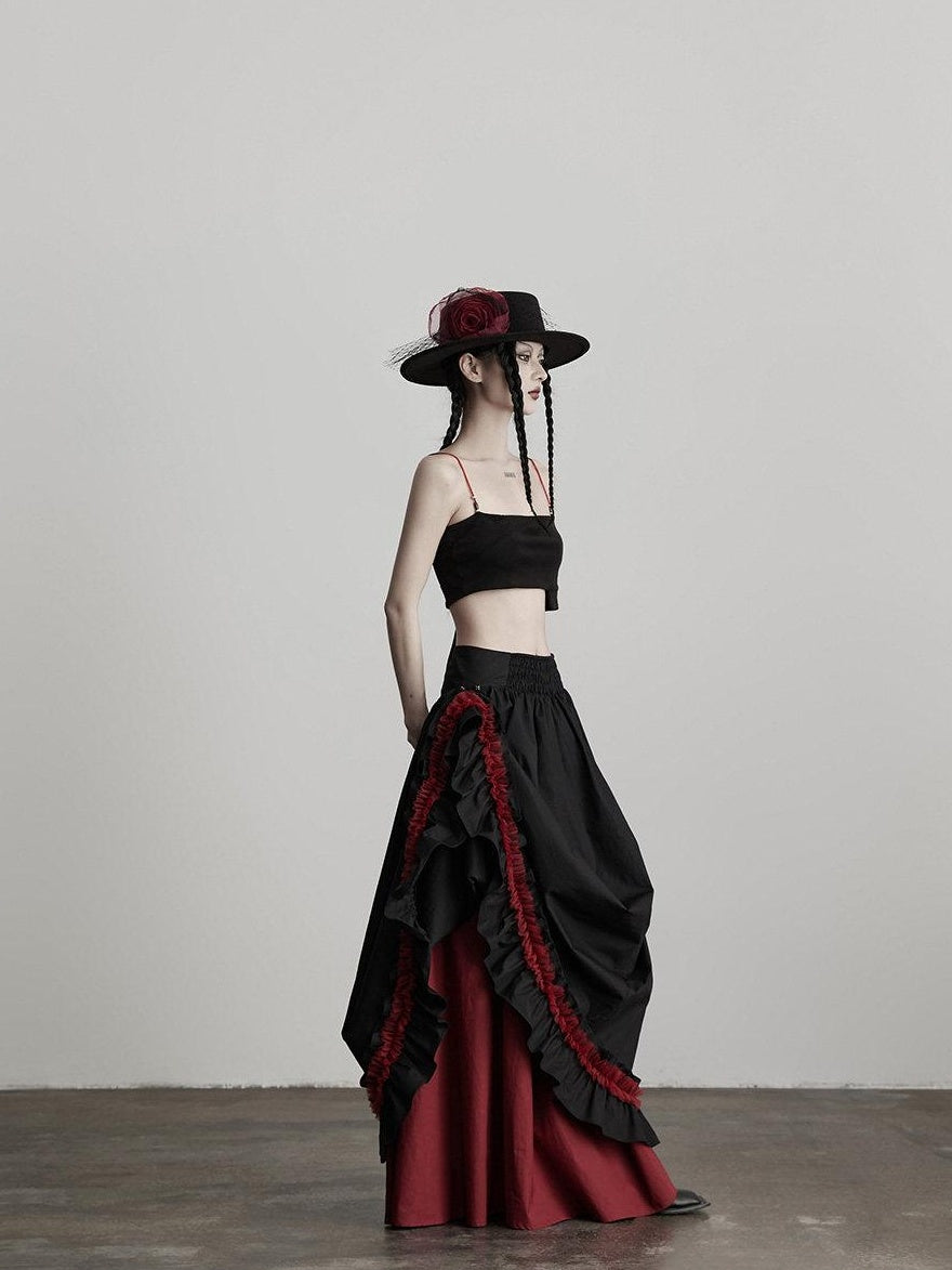 INDULGE Elegant Ruffle A Line Mid Rise Cotton Loose Casual Women Maxi Skirts