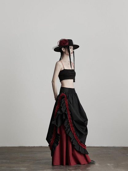 INDULGE Elegant Ruffle A Line Mid Rise Cotton Loose Casual Women Maxi Skirts