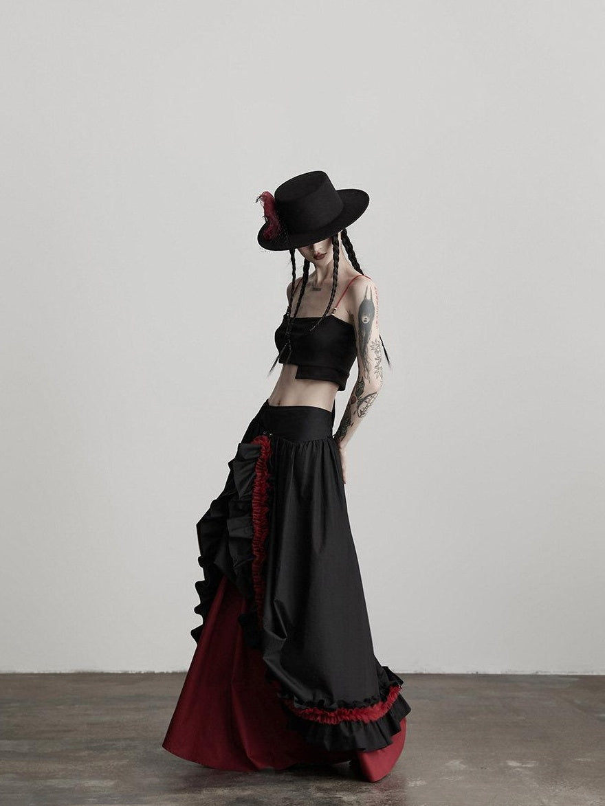 INDULGE Elegant Ruffle A Line Mid Rise Cotton Loose Casual Women Maxi Skirts