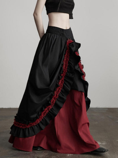 INDULGE Elegant Ruffle A Line Mid Rise Cotton Loose Casual Women Maxi Skirts