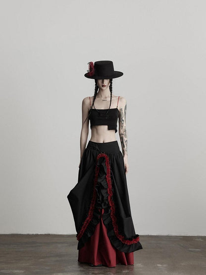 INDULGE Elegant Ruffle A Line Mid Rise Cotton Loose Casual Women Maxi Skirts