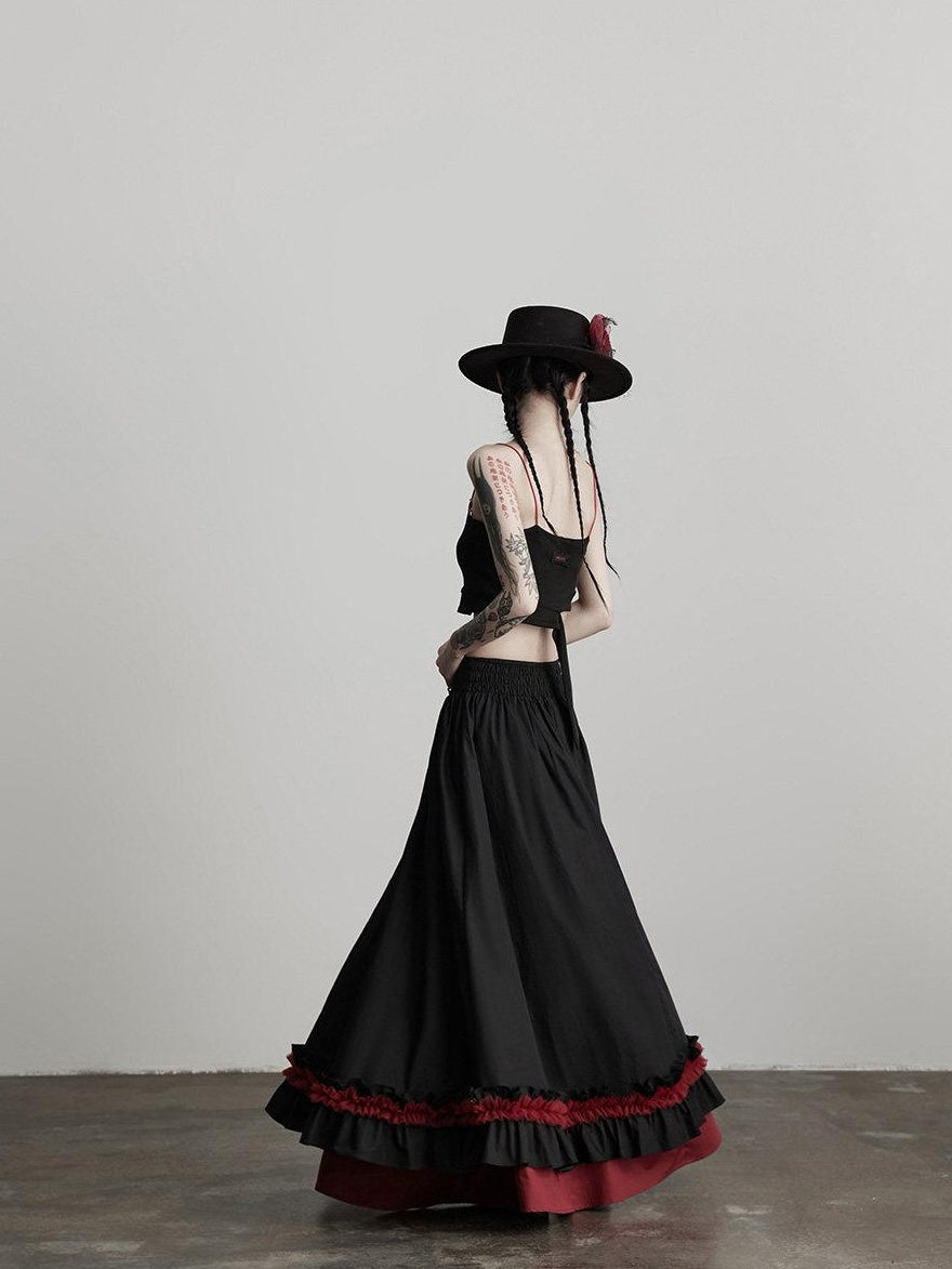 INDULGE Elegant Ruffle A Line Mid Rise Cotton Loose Casual Women Maxi Skirts