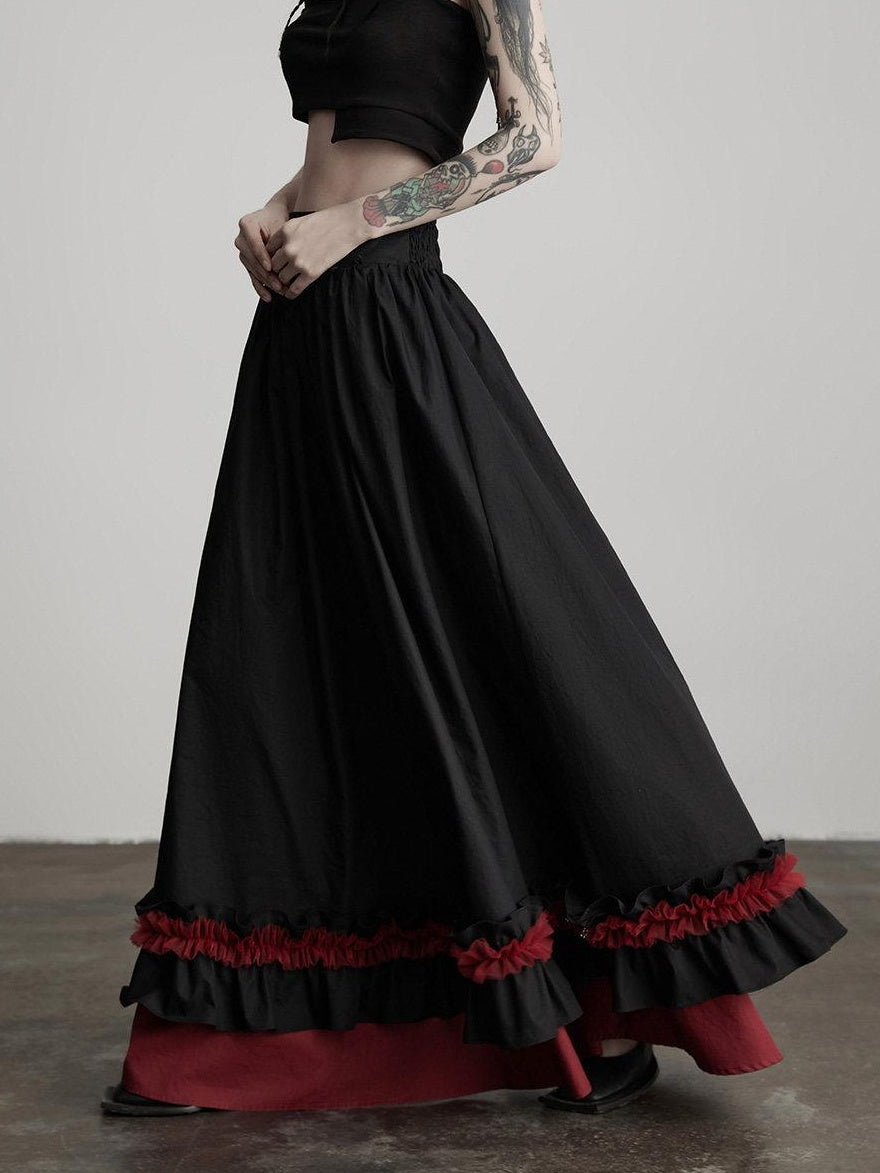 INDULGE Elegant Ruffle A Line Mid Rise Cotton Loose Casual Women Maxi Skirts