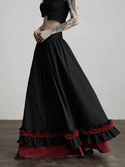 INDULGE Elegant Ruffle A Line Mid Rise Cotton Loose Casual Women Maxi Skirts