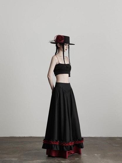 INDULGE Elegant Ruffle A Line Mid Rise Cotton Loose Casual Women Maxi Skirts