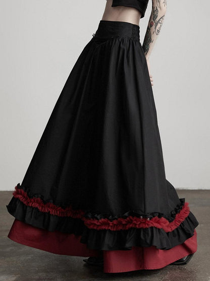 INDULGE Elegant Ruffle A Line Mid Rise Cotton Loose Casual Women Maxi Skirts