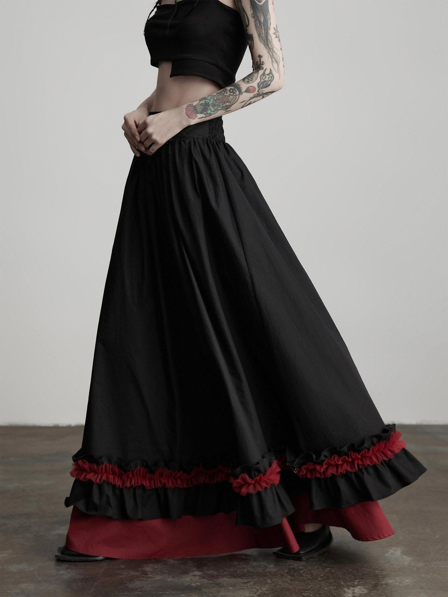 INDULGE Elegant Ruffle A Line Mid Rise Cotton Loose Casual Women Maxi Skirts