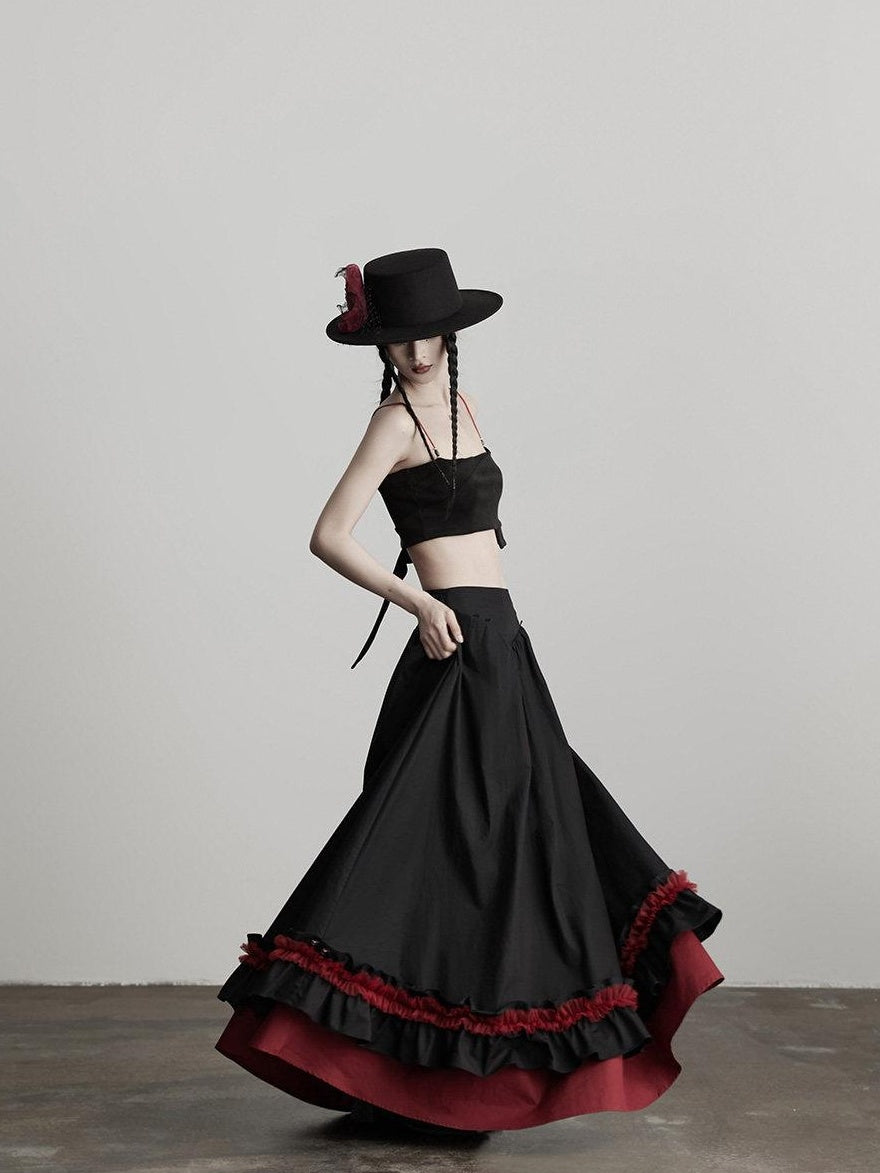 INDULGE Elegant Ruffle A Line Mid Rise Cotton Loose Casual Women Maxi Skirts
