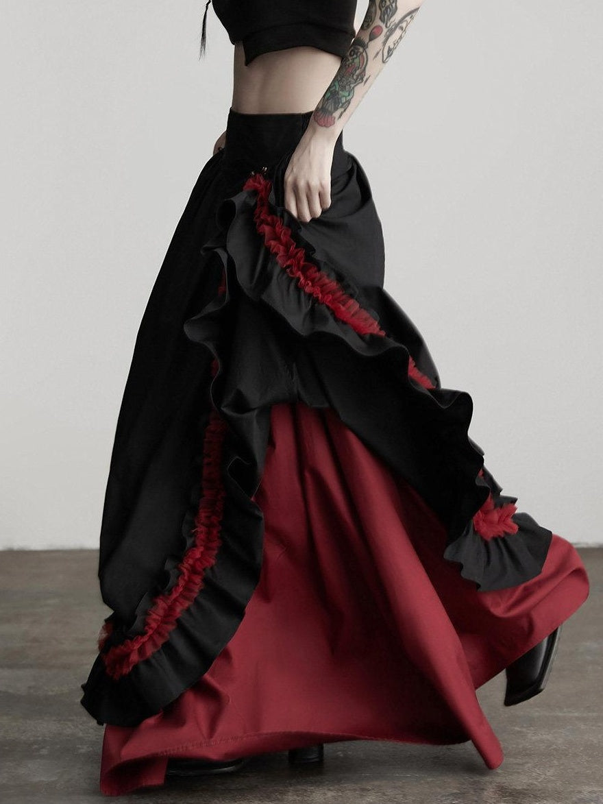 INDULGE Elegant Ruffle A Line Mid Rise Cotton Loose Casual Women Maxi Skirts