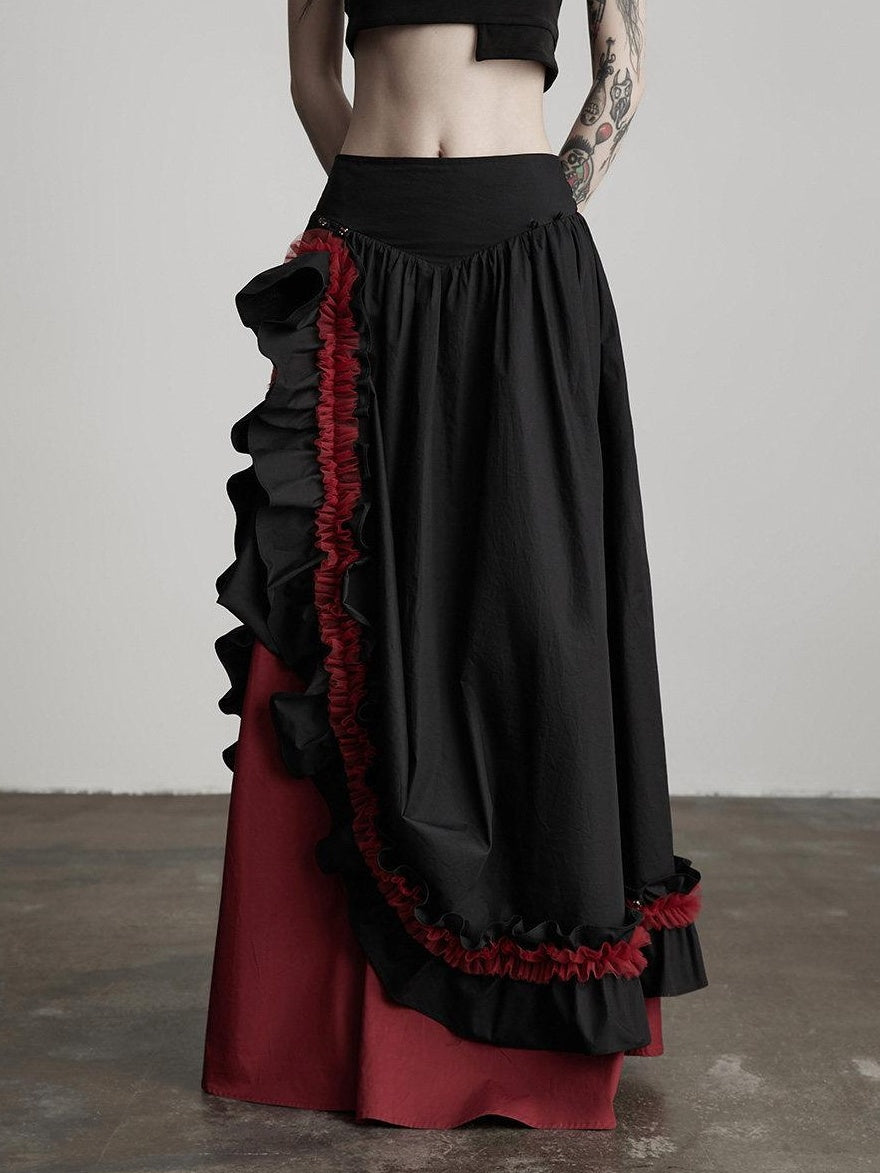 INDULGE Elegant Ruffle A Line Mid Rise Cotton Loose Casual Women Maxi Skirts