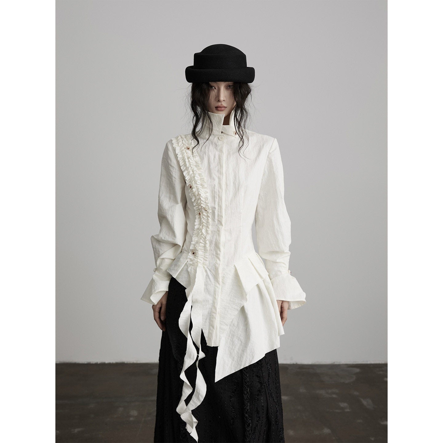INDULGE_Elegant_Slim_Ruffle_Stand_Collar_Long_Sleeve_Cotton_Blend_Tunic_Blouses_MISSTT
