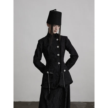 INDULGE Elegant Slim Waist Stand Collar Single Breasted Black Viscose Women Blazers