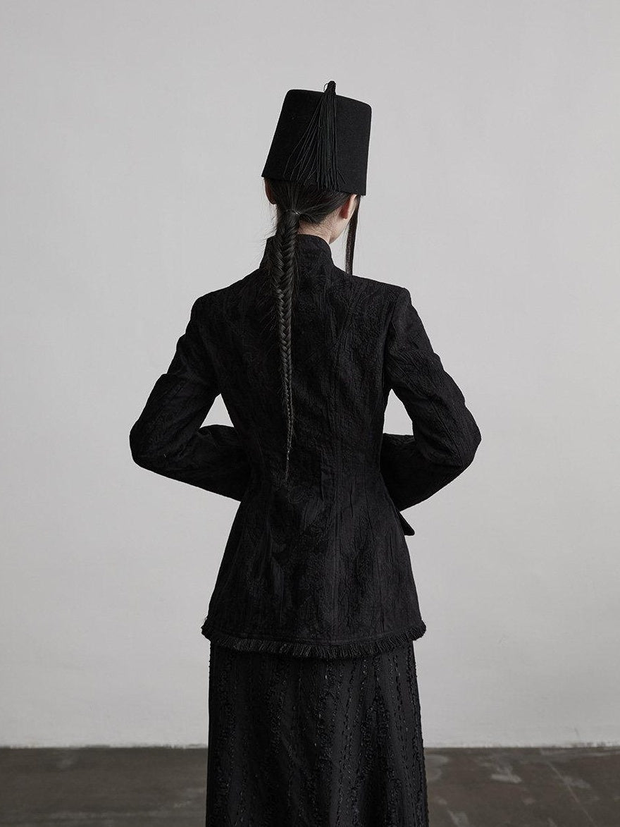INDULGE Elegant Slim Waist Stand Collar Single Breasted Black Viscose Women Blazers