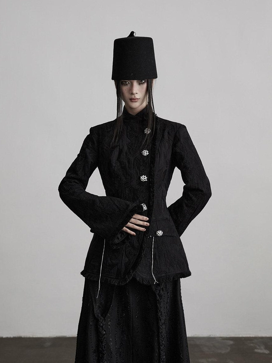 INDULGE Elegant Slim Waist Stand Collar Single Breasted Black Viscose Women Blazers