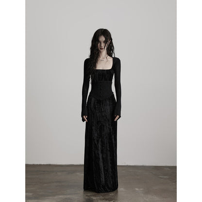 INDULGE_Elegant_Spliced_Square_Neck_Long_Sleeve_Soft_Stretch_Black_Bodycon_Maxi_Dresses_MISSTT