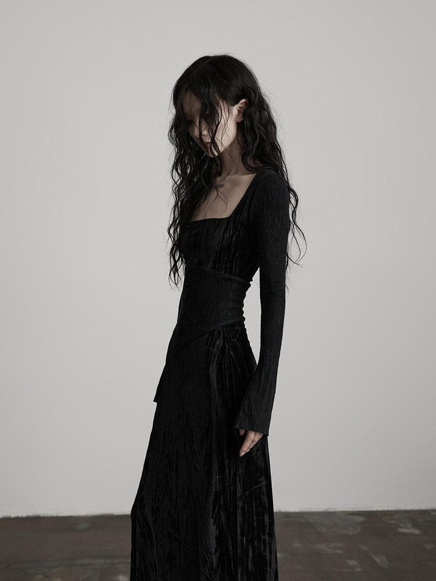 INDULGE Elegant Spliced Square Neck Long Sleeve Soft Stretch Black Bodycon Maxi Dresses